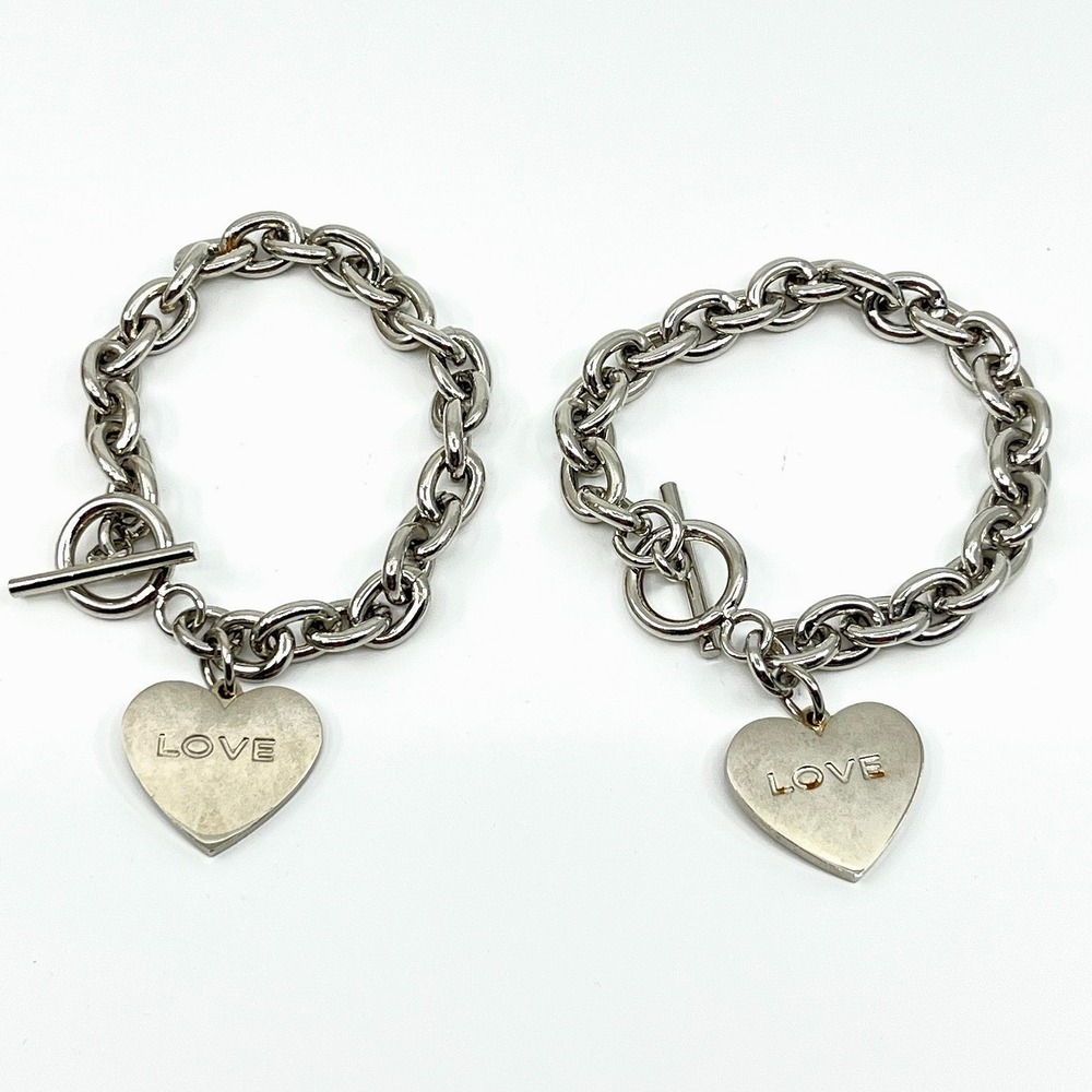 Vintage Y2K Silver Tone Chunky Chain "LOVE" Heart Charm Toggle Bracelet Set 2 pc